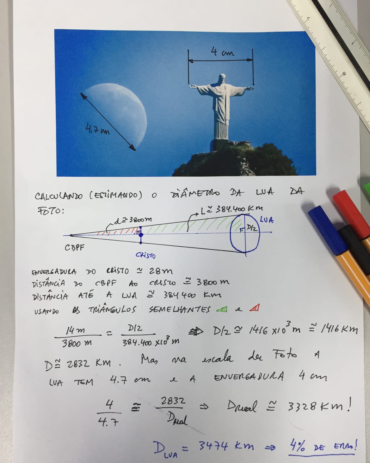 Cálculo manuscrito do diâmetro da Lua feito a partir da fotografia do Cristo Redentor